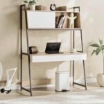 Биро со полици во џерси бела боја, природна боја 124x171 см (3)